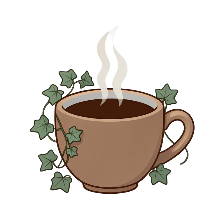 A coffee cup wrapped in ivy, the Thyme for Tarot emblem