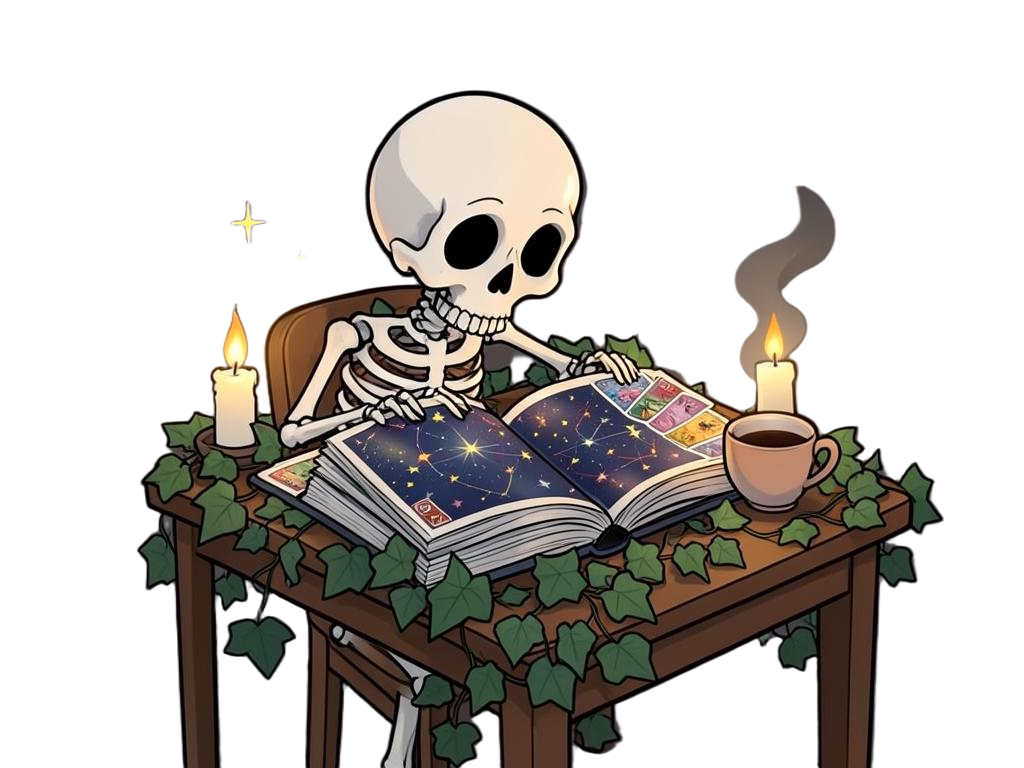 A skeleton studying tarot cards by candlelight