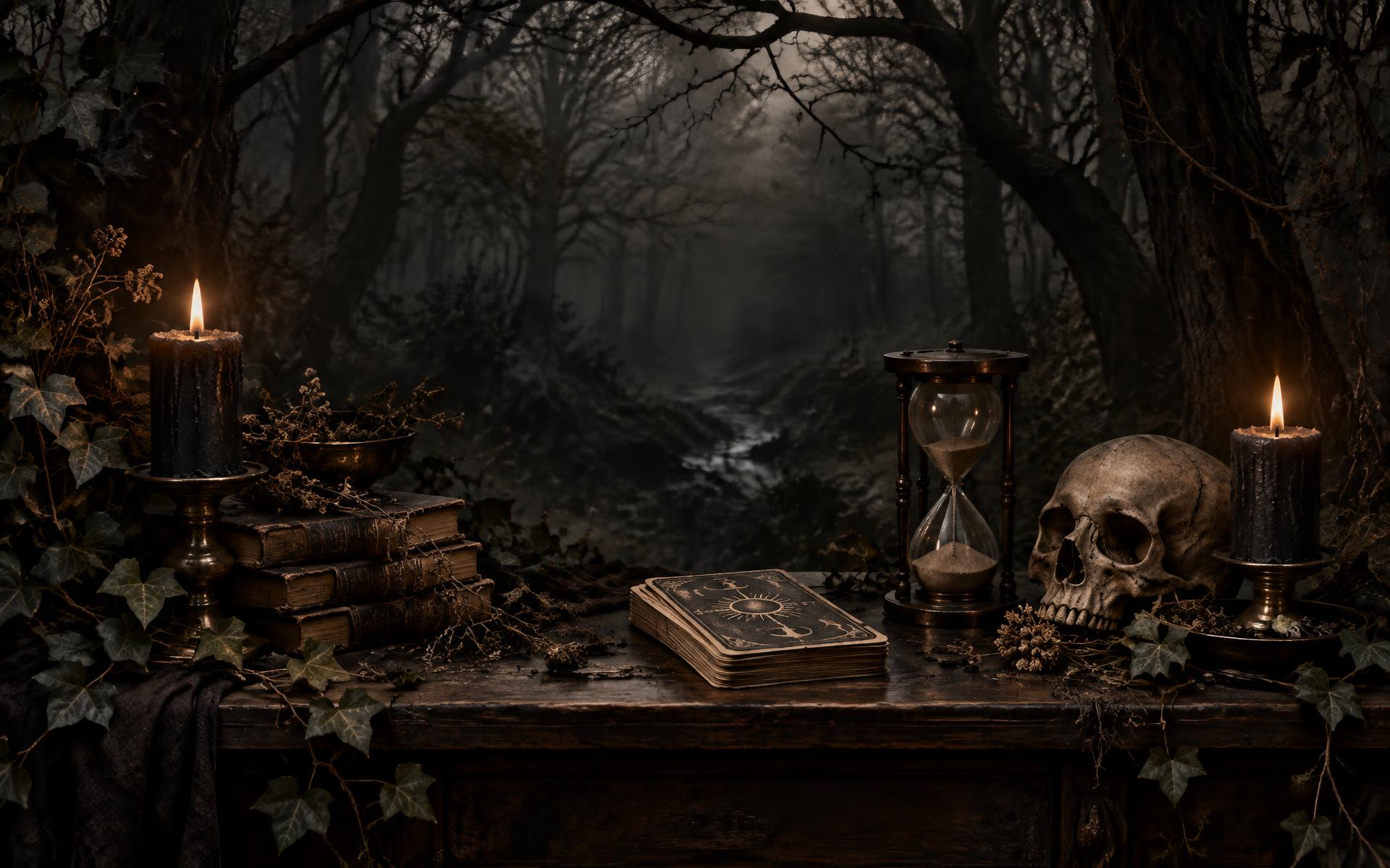 A candlelit woodland altar with tarot cards, old books, an hourglass and a skull