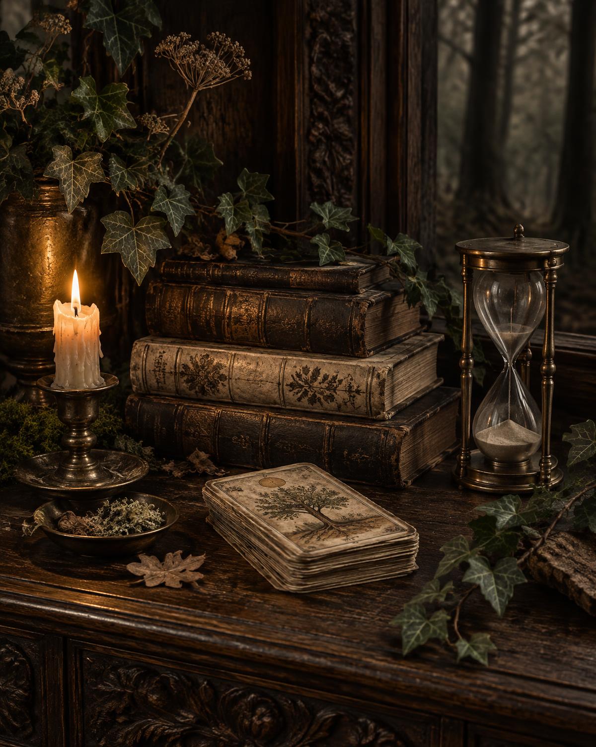 Antique books, tarot cards and an hourglass in a woodland study